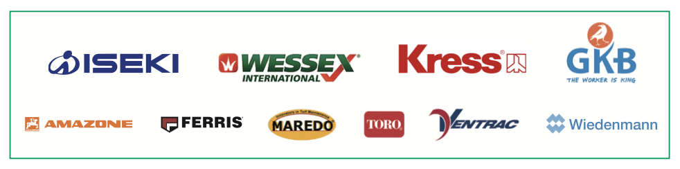 Brand logos including Iseki Wessex Kress GKB Amazone Ferris Maredo Toro Ventrac and Wiedemann